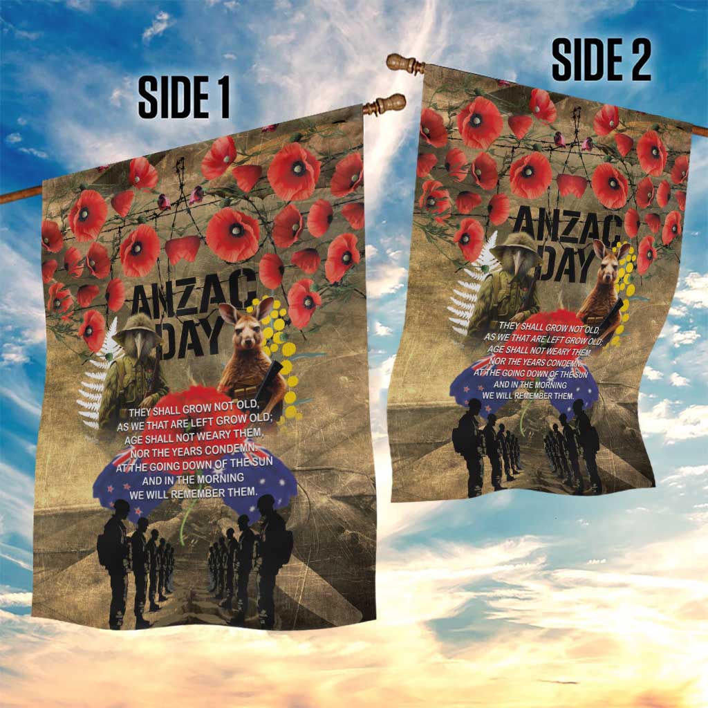 Australia and New Zealand ANZAC Day Garden Flag Kangaroo and Kiwi Bird Soldier-Honor and Remember Vintage Style