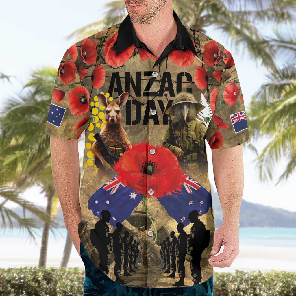 Australia and New Zealand ANZAC Day Hawaiian Shirt Kangaroo and Kiwi Bird Soldier-Honor and Remember Vintage Style