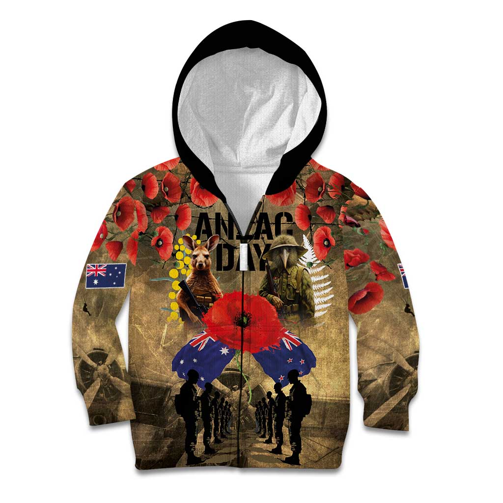 Australia and New Zealand ANZAC Day Kid Hoodie Kangaroo and Kiwi Bird Soldier-Honor and Remember Vintage Style