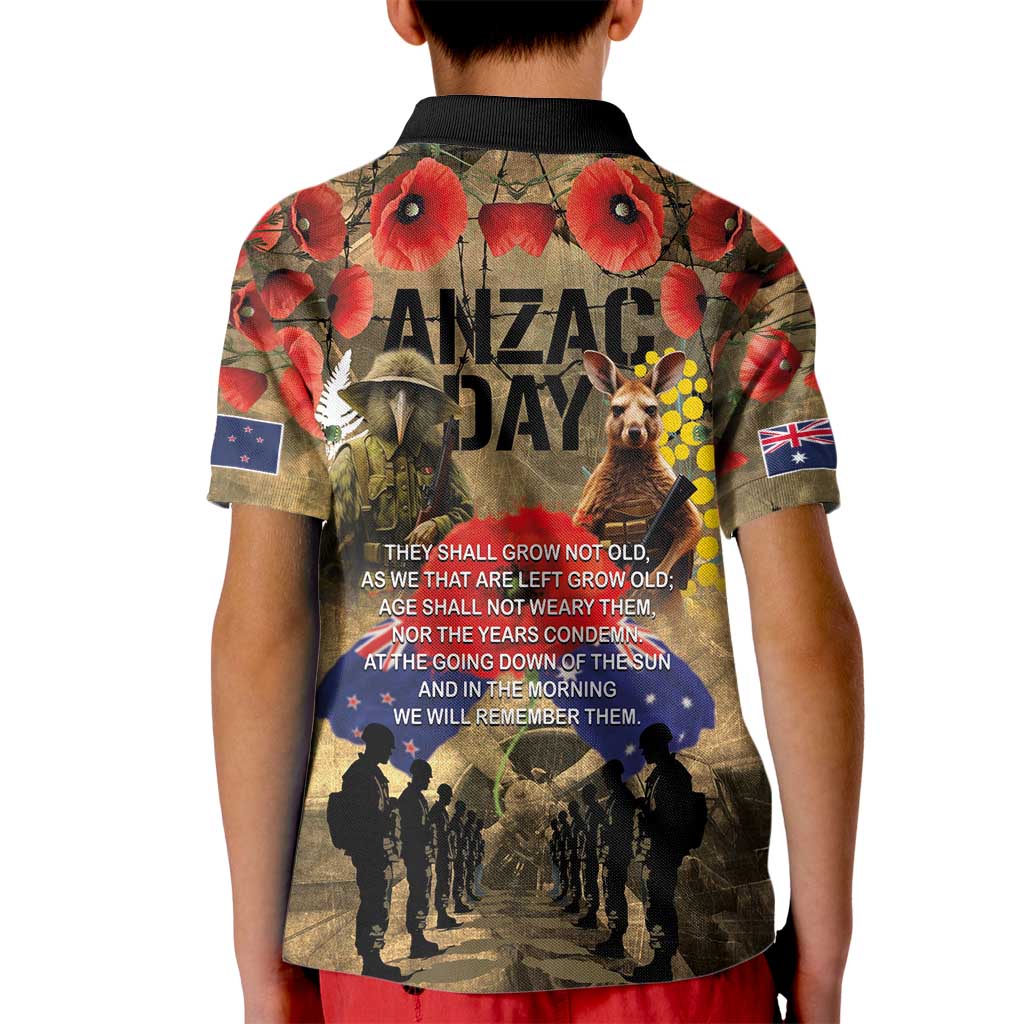 Australia and New Zealand ANZAC Day Kid Polo Shirt Kangaroo and Kiwi Bird Soldier-Honor and Remember Vintage Style