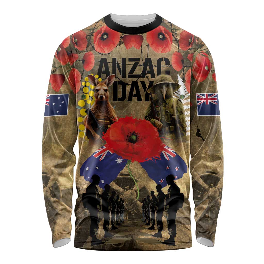 Australia and New Zealand ANZAC Day Long Sleeve Shirt Kangaroo and Kiwi Bird Soldier-Honor and Remember Vintage Style