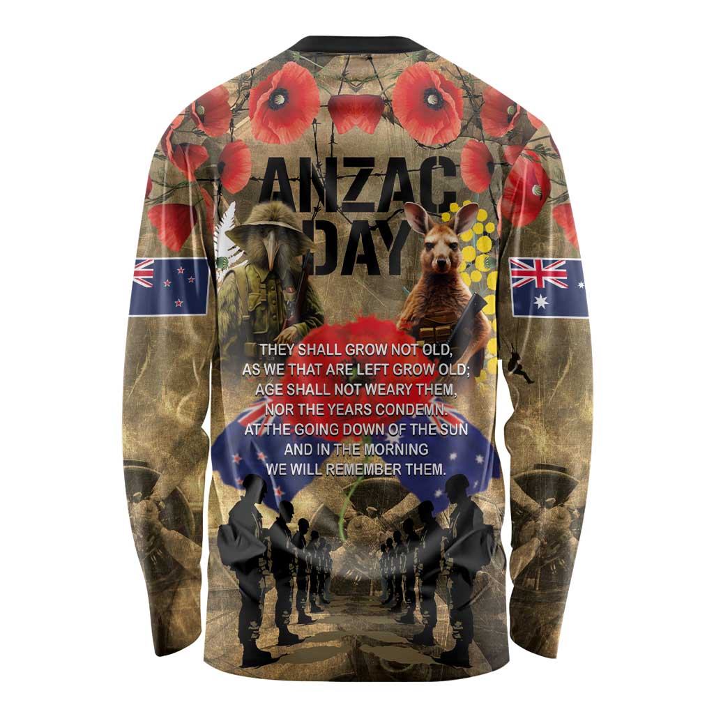 Australia and New Zealand ANZAC Day Long Sleeve Shirt Kangaroo and Kiwi Bird Soldier-Honor and Remember Vintage Style