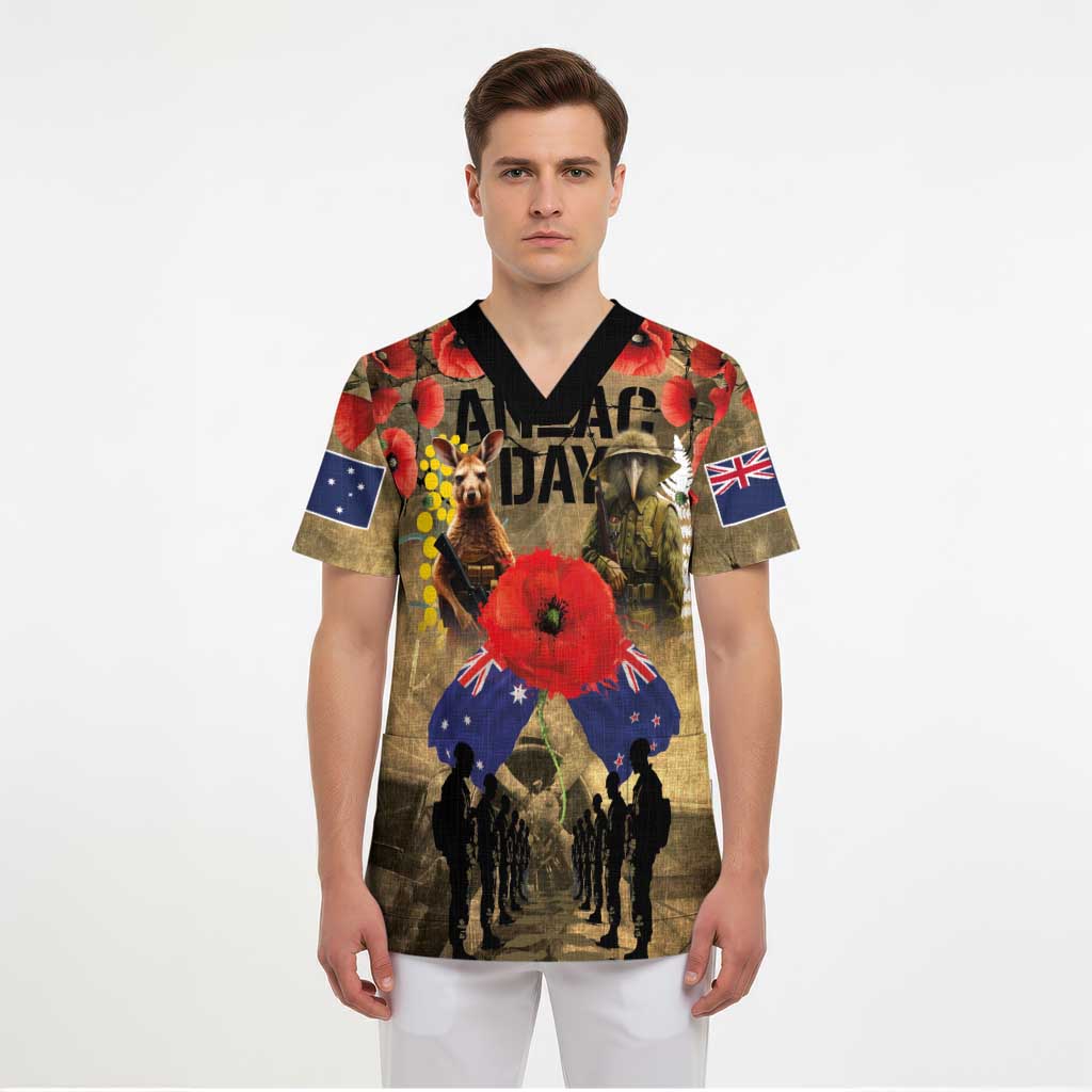 Australia and New Zealand ANZAC Day Scrub Top Kangaroo and Kiwi Bird Soldier-Honor and Remember Vintage Style - Polynesian Pride