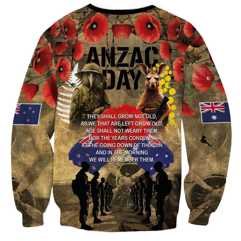 Australia and New Zealand ANZAC Day Sweatshirt Kangaroo and Kiwi Bird Soldier-Honor and Remember Vintage Style