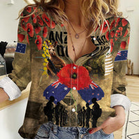 Australia and New Zealand ANZAC Day Women Casual Shirt Kangaroo and Kiwi Bird Soldier-Honor and Remember Vintage Style LT03 Female Beige - Polynesian Pride