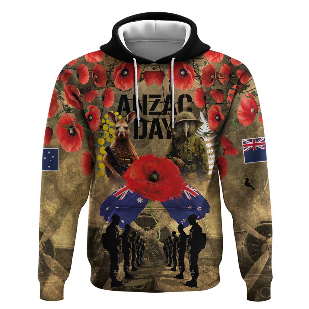 Australia and New Zealand ANZAC Day Zip Hoodie Kangaroo and Kiwi Bird Soldier-Honor and Remember Vintage Style