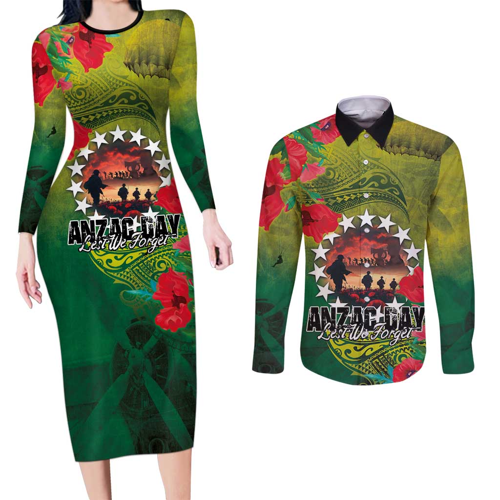 Cook Islands ANDAC Day Couples Matching Long Sleeve Bodycon Dress and Long Sleeve Button Shirt Honor and Remember Soliders-Forever in My Thoughts Grunge Style LT03 Green-Yellow - Polynesian Pride