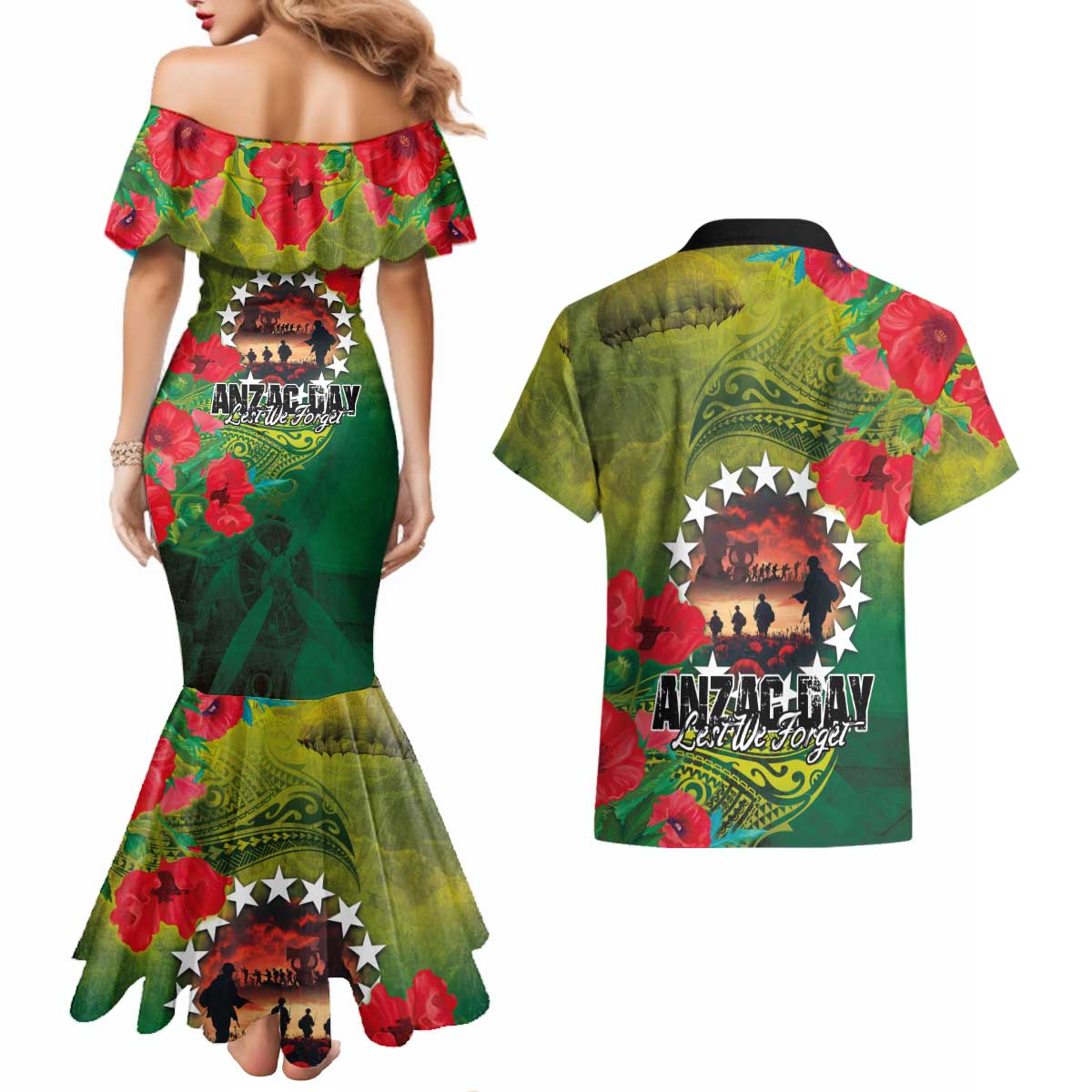 Cook Islands ANDAC Day Couples Matching Mermaid Dress and Hawaiian Shirt Honor and Remember Soliders-Forever in My Thoughts Grunge Style LT03 - Polynesian Pride