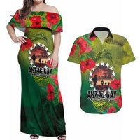 Cook Islands ANDAC Day Couples Matching Off Shoulder Maxi Dress and Hawaiian Shirt Honor and Remember Soliders-Forever in My Thoughts Grunge Style LT03 Green-Yellow - Polynesian Pride