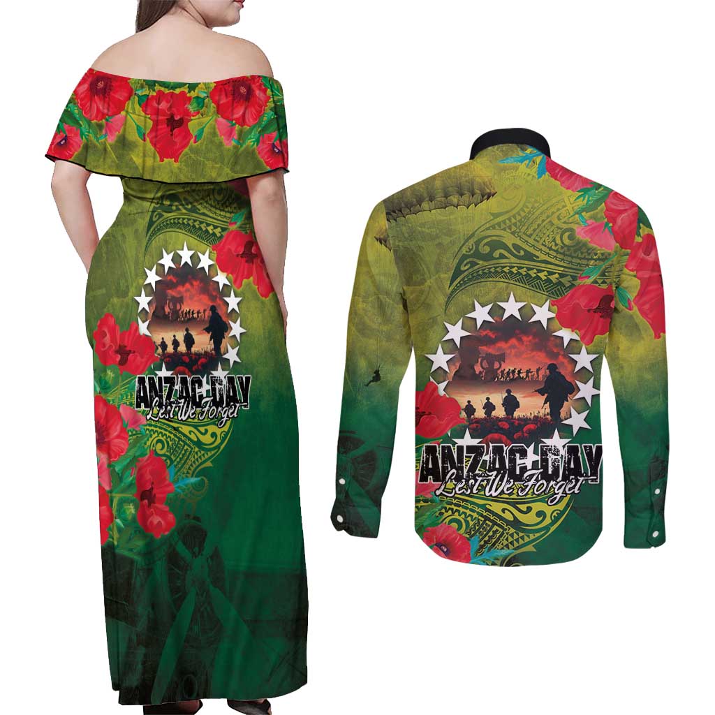 Cook Islands ANDAC Day Couples Matching Off Shoulder Maxi Dress and Long Sleeve Button Shirt Honor and Remember Soliders-Forever in My Thoughts Grunge Style LT03 - Polynesian Pride