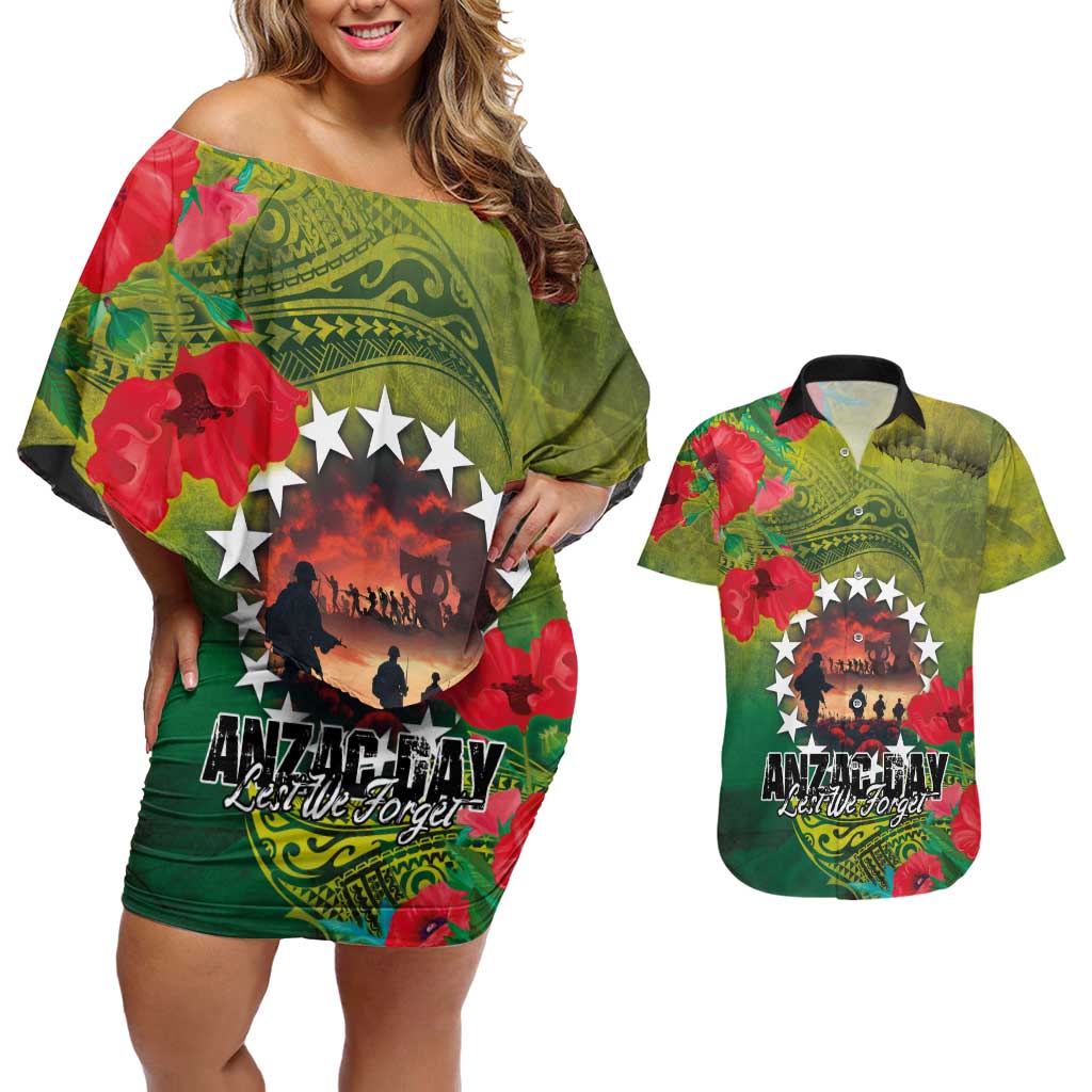 Cook Islands ANDAC Day Couples Matching Off Shoulder Short Dress and Hawaiian Shirt Honor and Remember Soliders-Forever in My Thoughts Grunge Style LT03 Green-Yellow - Polynesian Pride