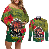Cook Islands ANDAC Day Couples Matching Off Shoulder Short Dress and Long Sleeve Button Shirt Honor and Remember Soliders-Forever in My Thoughts Grunge Style LT03 Green-Yellow - Polynesian Pride
