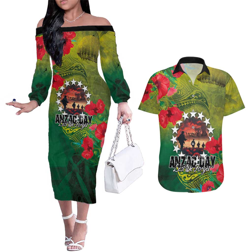 Cook Islands ANDAC Day Couples Matching Off The Shoulder Long Sleeve Dress and Hawaiian Shirt Honor and Remember Soliders-Forever in My Thoughts Grunge Style
