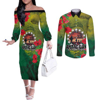 Cook Islands ANDAC Day Couples Matching Off The Shoulder Long Sleeve Dress and Long Sleeve Button Shirt Honor and Remember Soliders-Forever in My Thoughts Grunge Style LT03 Green-Yellow - Polynesian Pride