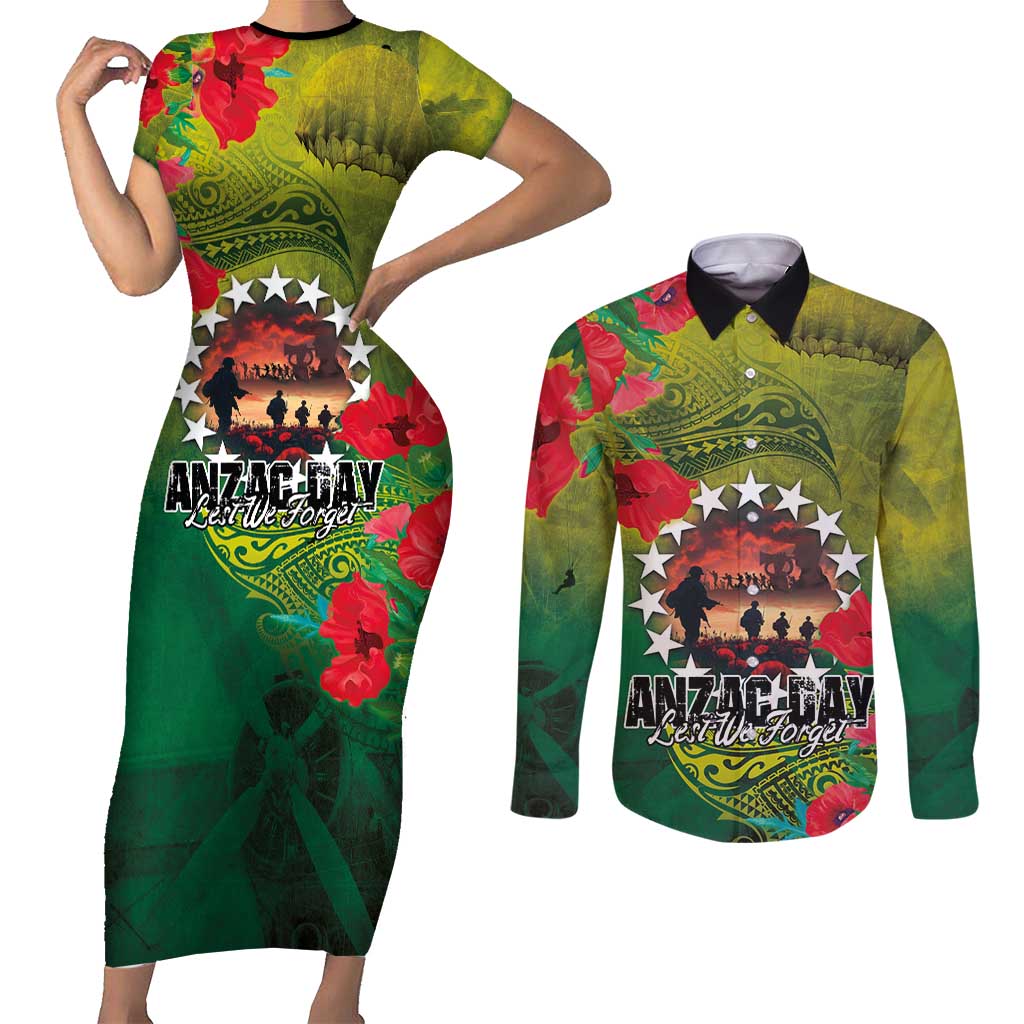 Cook Islands ANDAC Day Couples Matching Short Sleeve Bodycon Dress and Long Sleeve Button Shirt Honor and Remember Soliders-Forever in My Thoughts Grunge Style LT03 Green-Yellow - Polynesian Pride