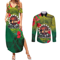 Cook Islands ANDAC Day Couples Matching Summer Maxi Dress and Long Sleeve Button Shirt Honor and Remember Soliders-Forever in My Thoughts Grunge Style LT03 Green-Yellow - Polynesian Pride