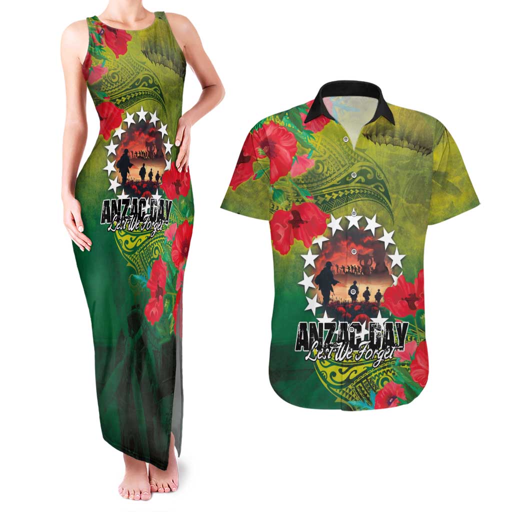 Cook Islands ANDAC Day Couples Matching Tank Maxi Dress and Hawaiian Shirt Honor and Remember Soliders-Forever in My Thoughts Grunge Style LT03 Green-Yellow - Polynesian Pride