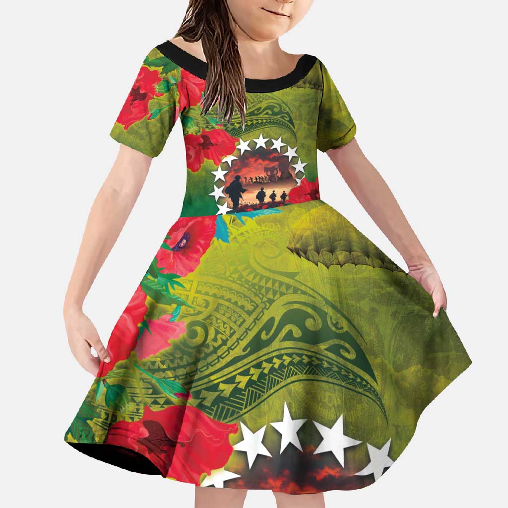 Cook Islands ANDAC Day Family Matching Long Sleeve Bodycon Dress and Hawaiian Shirt Honor and Remember Soliders-Forever in My Thoughts Grunge Style LT03 Daughter's Dress Green-Yellow - Polynesian Pride