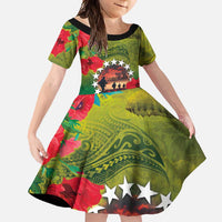 Cook Islands ANDAC Day Family Matching Long Sleeve Bodycon Dress and Hawaiian Shirt Honor and Remember Soliders-Forever in My Thoughts Grunge Style LT03 Daughter's Dress Green-Yellow - Polynesian Pride