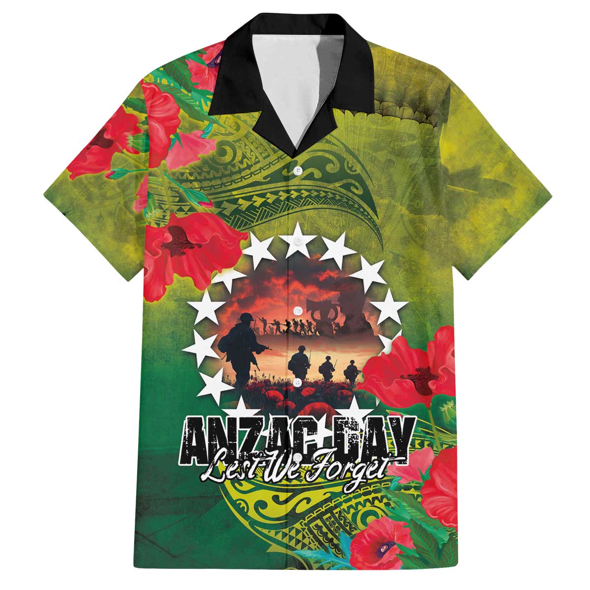 Cook Islands ANDAC Day Family Matching Off The Shoulder Long Sleeve Dress and Hawaiian Shirt Honor and Remember Soliders-Forever in My Thoughts Grunge Style