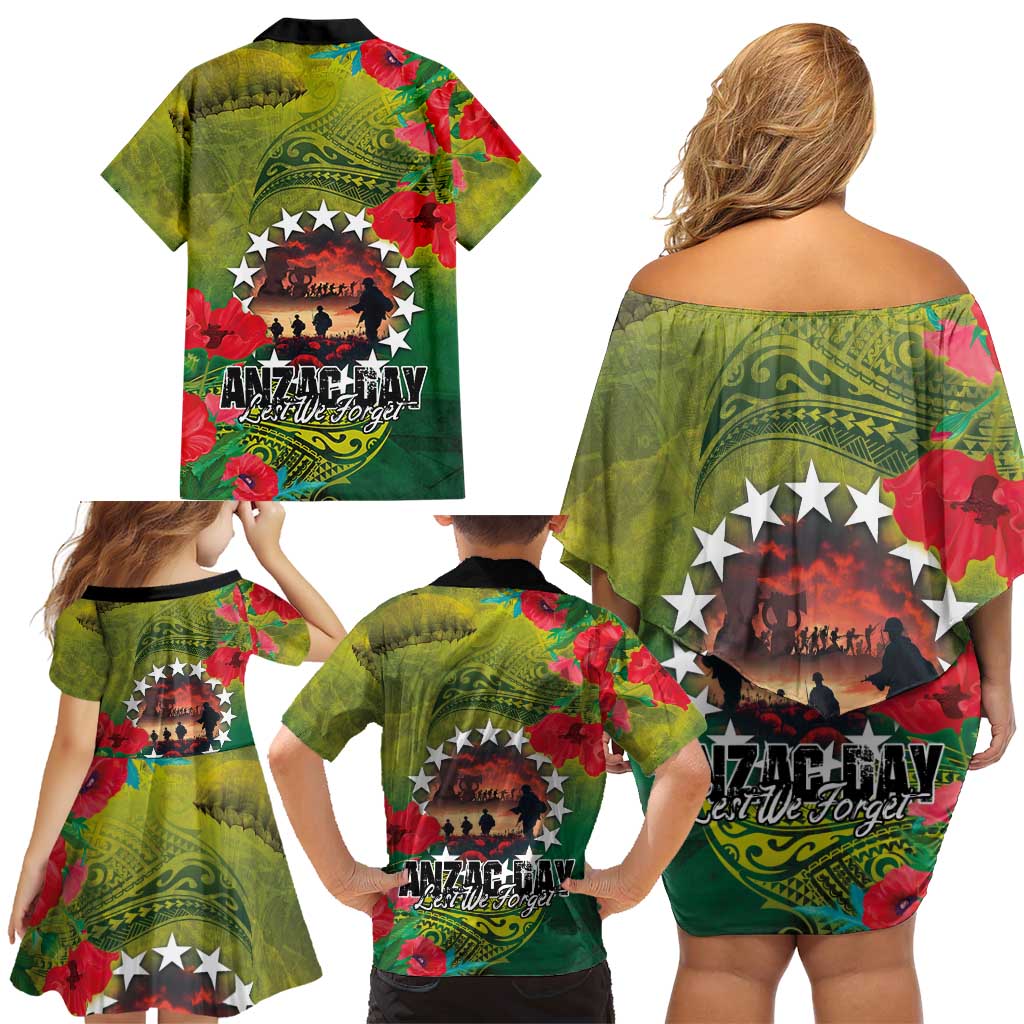 Cook Islands ANDAC Day Family Matching Off Shoulder Short Dress and Hawaiian Shirt Honor and Remember Soliders-Forever in My Thoughts Grunge Style