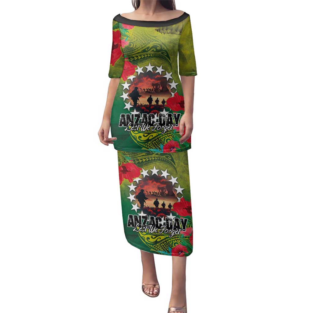 Cook Islands ANDAC Day Family Matching Puletasi and Hawaiian Shirt Honor and Remember Soliders-Forever in My Thoughts Grunge Style LT03 Mom's Dress Green-Yellow - Polynesian Pride