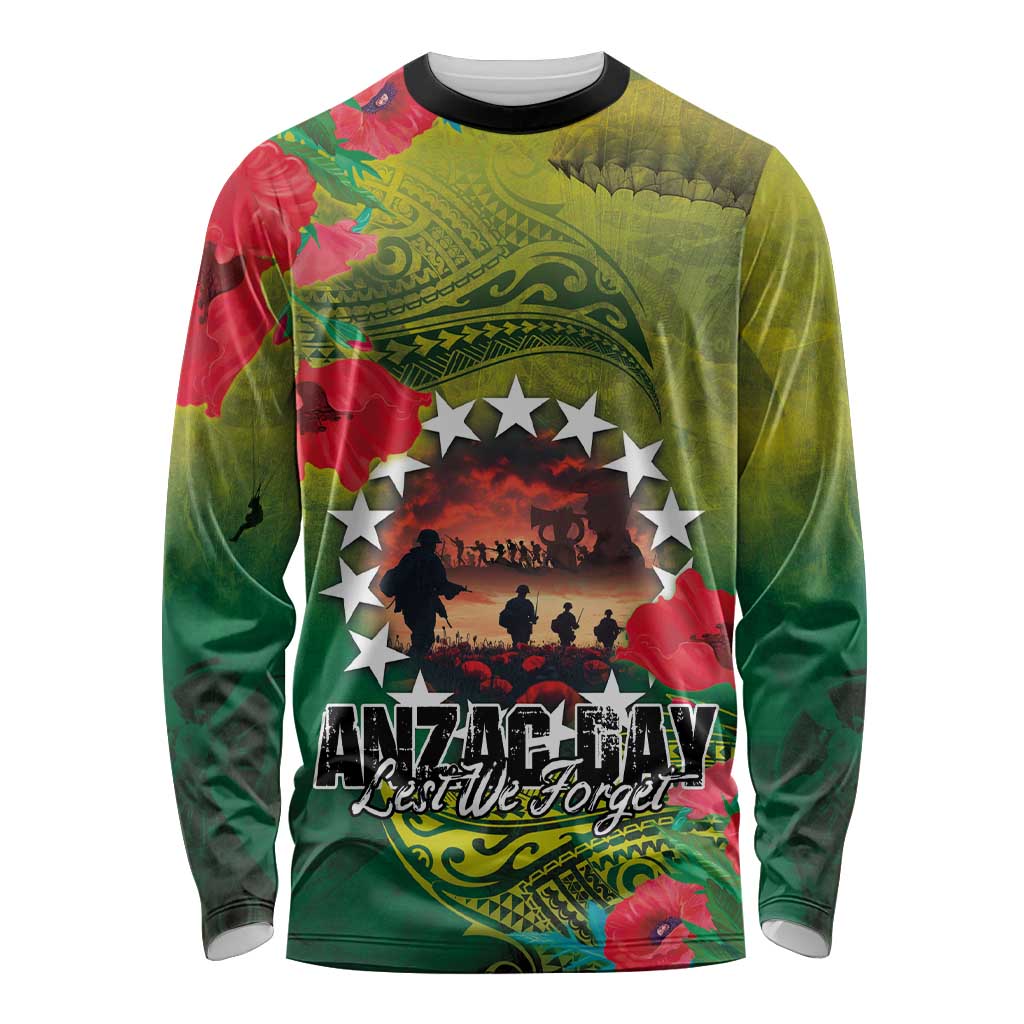 Cook Islands ANDAC Day Long Sleeve Shirt Honor and Remember Soliders-Forever in My Thoughts Grunge Style LT03 Unisex Green-Yellow - Polynesian Pride