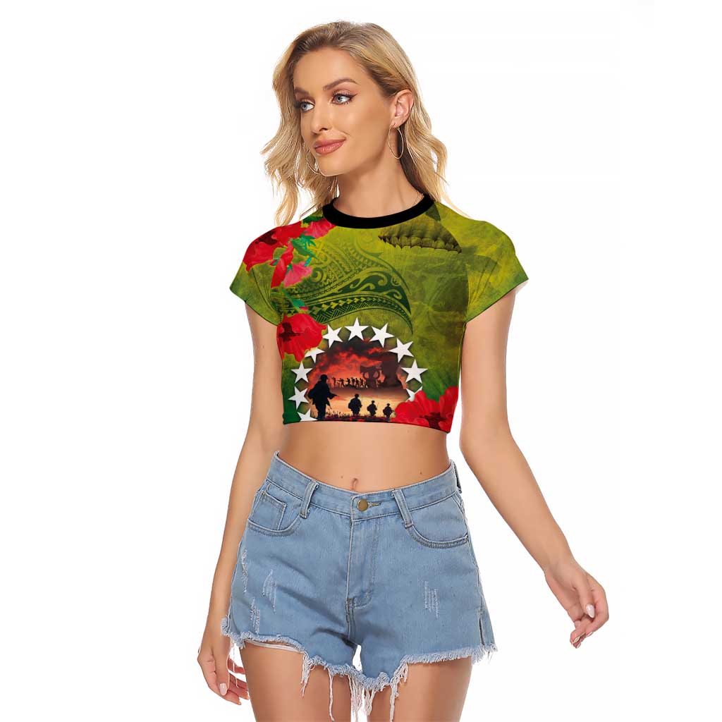 Cook Islands ANDAC Day Raglan Cropped T Shirt Honor and Remember Soliders-Forever in My Thoughts Grunge Style LT03 Female Green-Yellow - Polynesian Pride