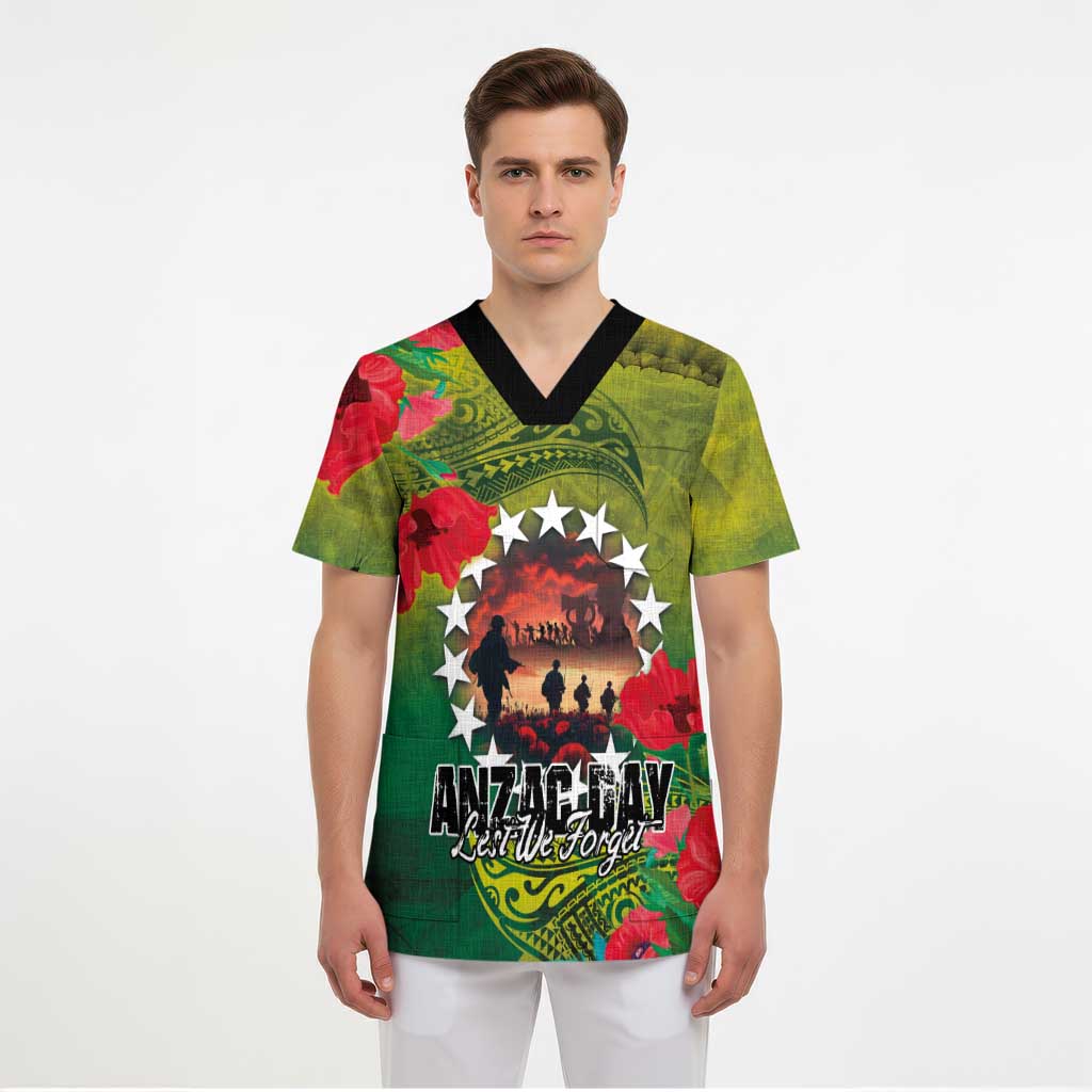 Cook Islands ANDAC Day Scrub Top Honor and Remember Soliders-Forever in My Thoughts Grunge Style - Polynesian Pride