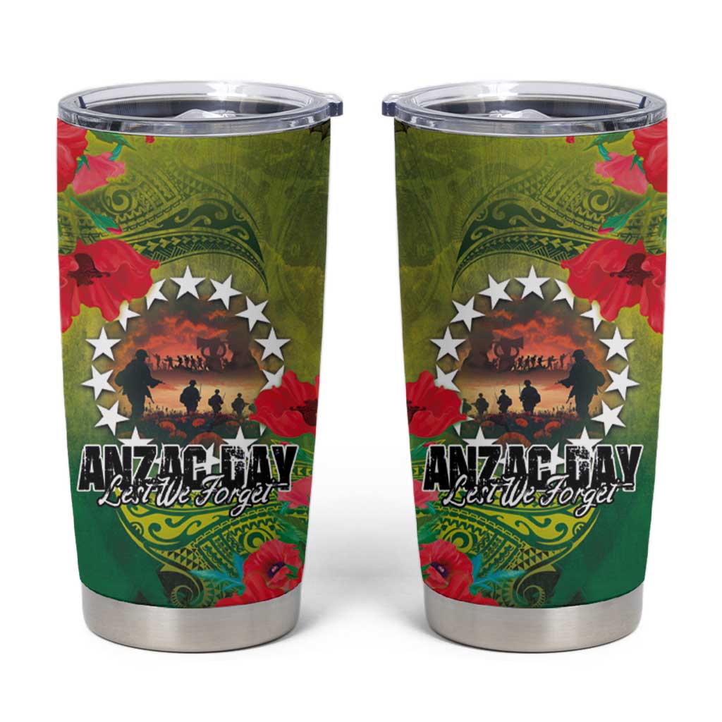 Cook Islands ANDAC Day Tumbler Cup Honor and Remember Soliders-Forever in My Thoughts Grunge Style LT03 Green-Yellow - Polynesian Pride