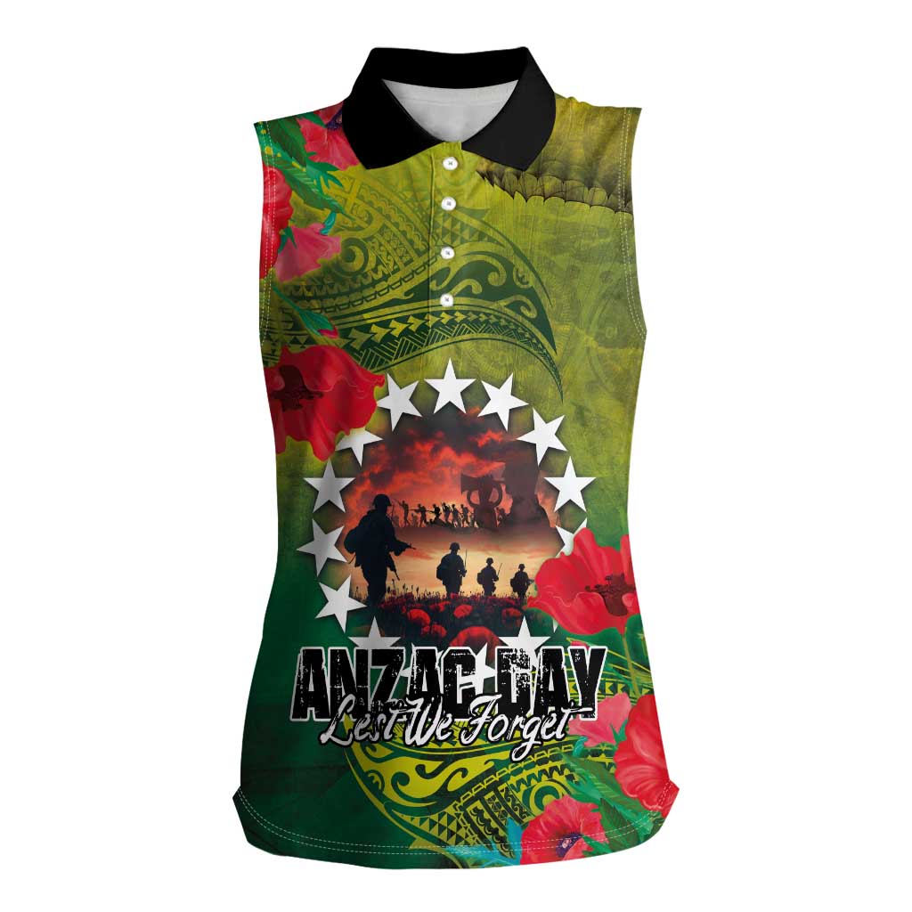 Cook Islands ANDAC Day Women Sleeveless Polo Shirt Honor and Remember Soliders-Forever in My Thoughts Grunge Style LT03 Female Green-Yellow - Polynesian Pride