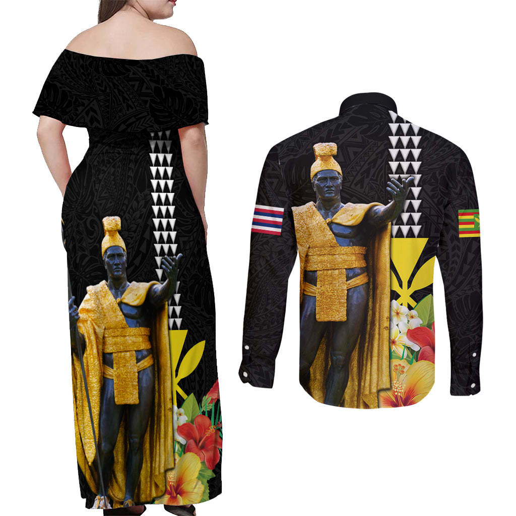 Hawaii King Kamehameha Day Couples Matching Off Shoulder Maxi Dress and Long Sleeve Button Shirt Kanaka Maoli Hibiscus Flower and Kakau Pattern