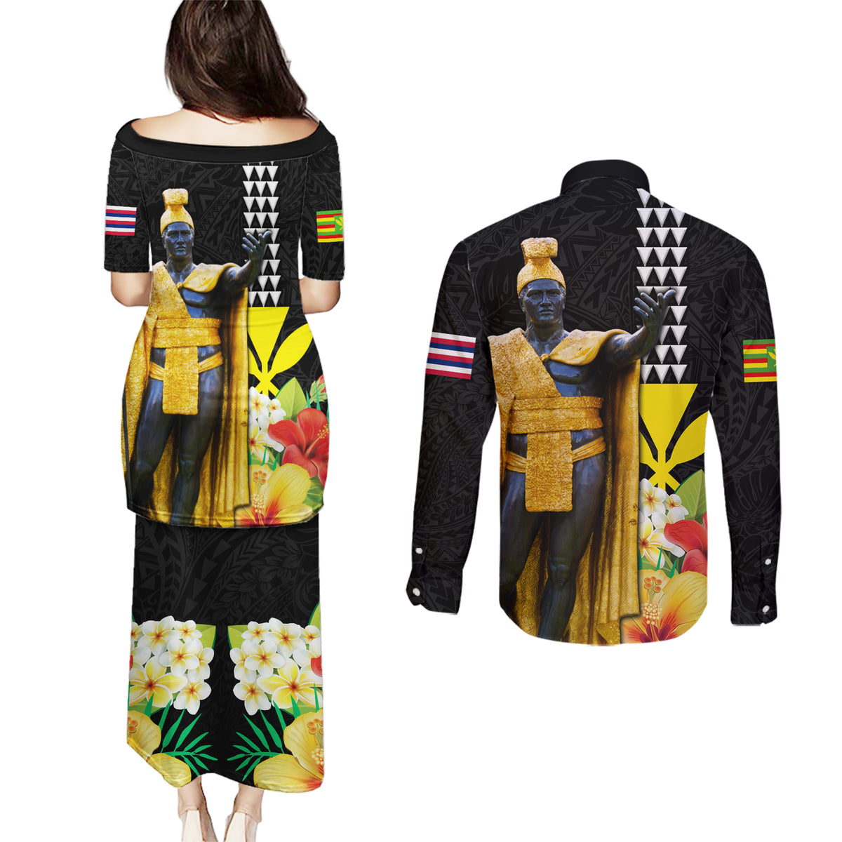 Hawaii King Kamehameha Day Couples Matching Puletasi and Long Sleeve Button Shirt Kanaka Maoli Hibiscus Flower and Kakau Pattern