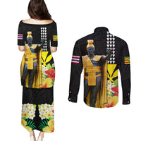 Hawaii King Kamehameha Day Couples Matching Puletasi and Long Sleeve Button Shirt Kanaka Maoli Hibiscus Flower and Kakau Pattern