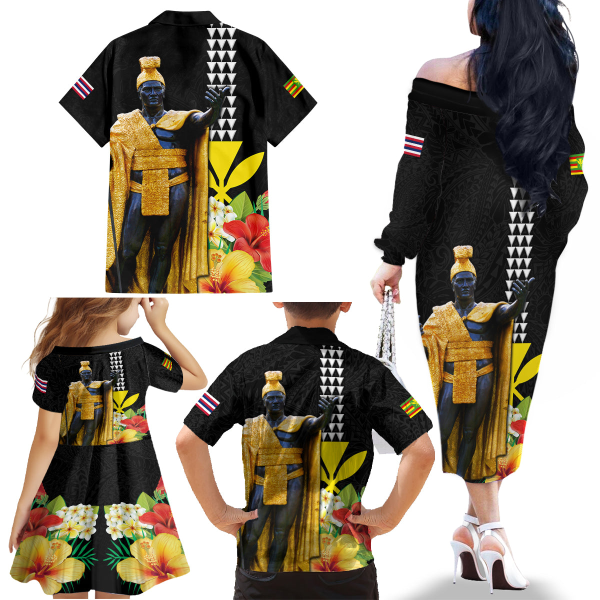 Hawaii King Kamehameha Day Family Matching Off The Shoulder Long Sleeve Dress and Hawaiian Shirt Kanaka Maoli Hibiscus Flower and Kakau Pattern