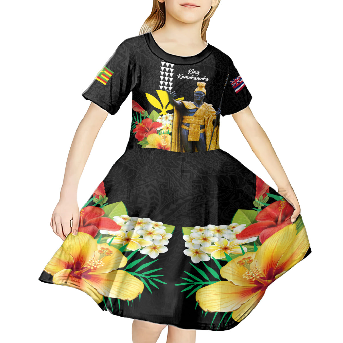 Hawaii King Kamehameha Day Kid Short Sleeve Dress Kanaka Maoli Hibiscus Flower and Kakau Pattern