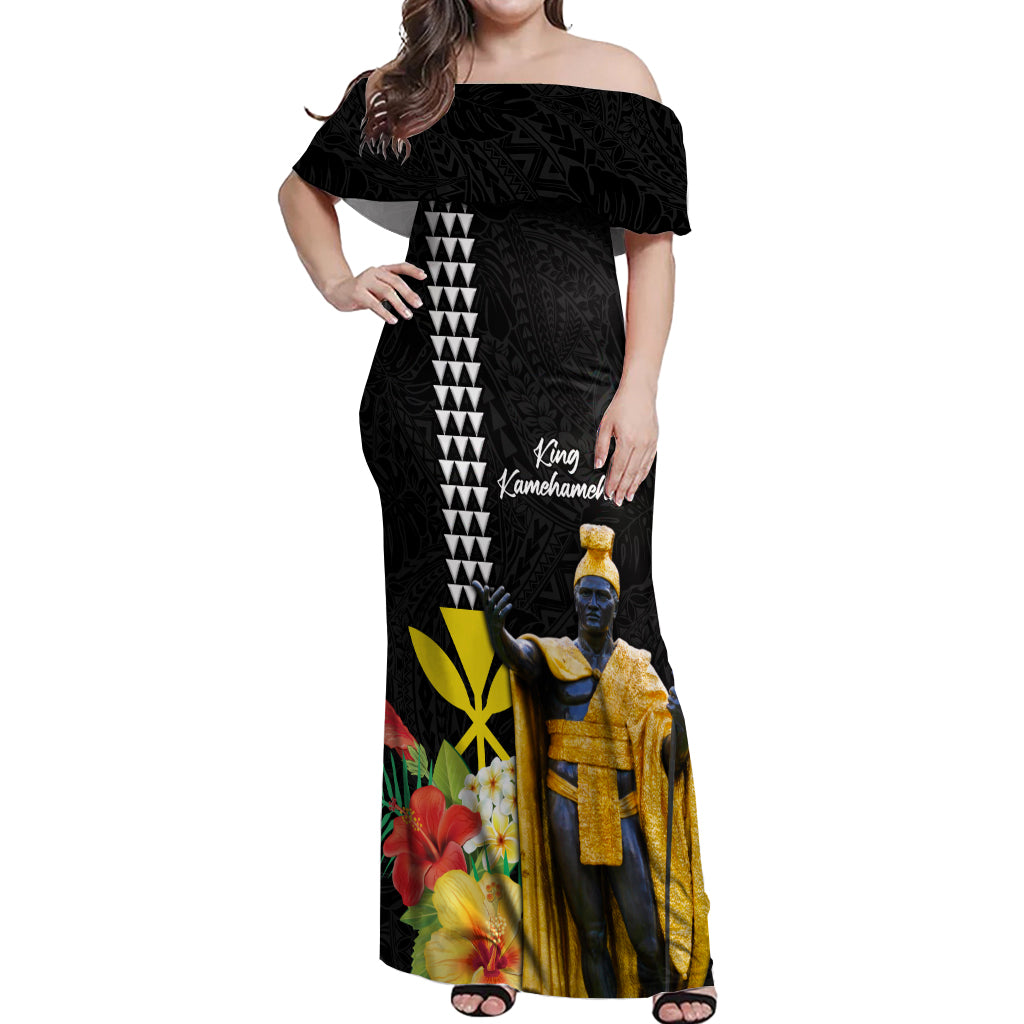 Hawaii King Kamehameha Day Off Shoulder Maxi Dress Kanaka Maoli Hibiscus Flower and Kakau Pattern