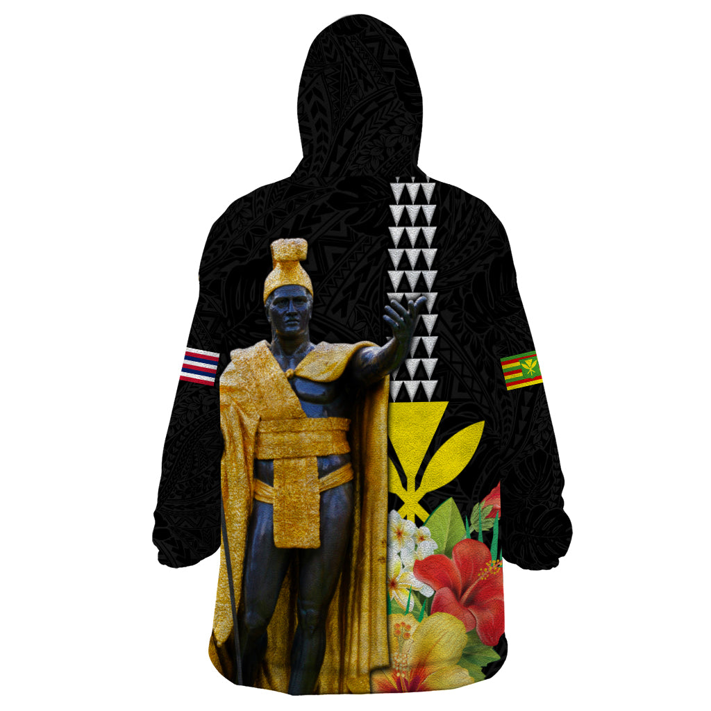 Hawaii King Kamehameha Day Wearable Blanket Hoodie Kanaka Maoli Hibiscus Flower and Kakau Pattern