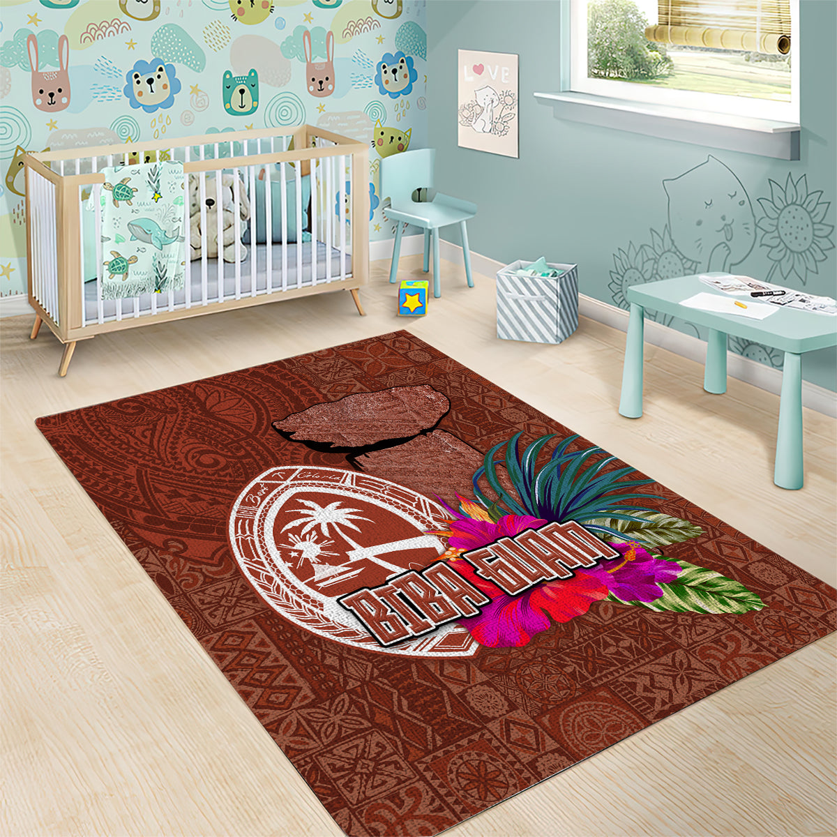 Chamorro Biba Guam Area Rug Latte Stone Tribal and Hibiscus Flower Tapa Pattern