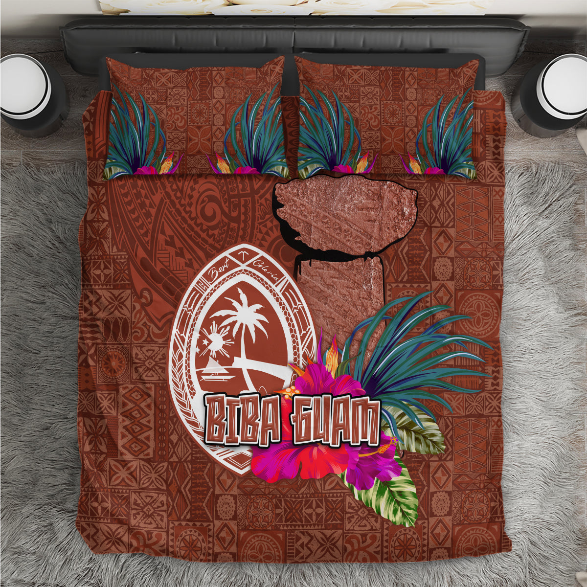 Chamorro Biba Guam Bedding Set Latte Stone Tribal and Hibiscus Flower Tapa Pattern