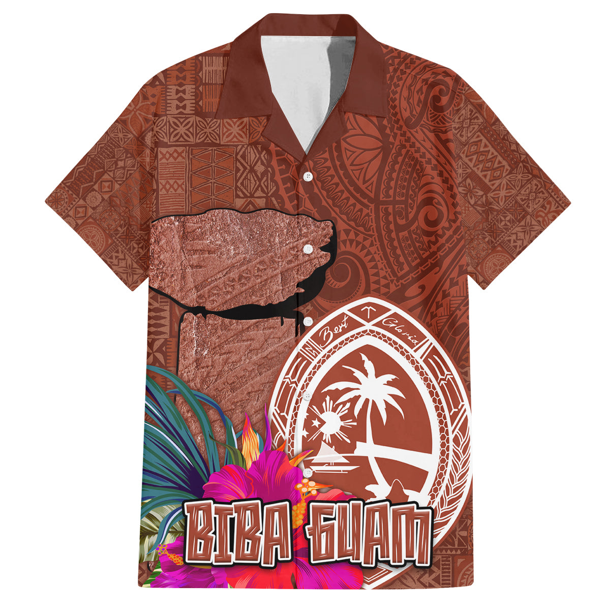 Chamorro Biba Guam Family Matching Off Shoulder Short Dress and Hawaiian Shirt Latte Stone Tribal and Hibiscus Flower Tapa Pattern