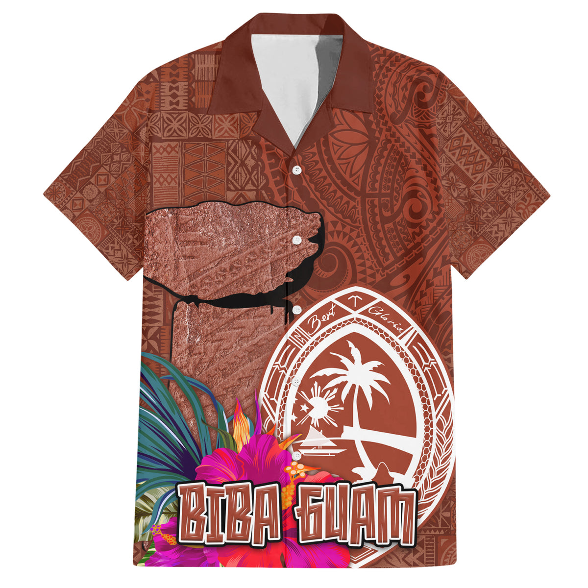 Chamorro Biba Guam Family Matching Short Sleeve Bodycon Dress and Hawaiian Shirt Latte Stone Tribal and Hibiscus Flower Tapa Pattern