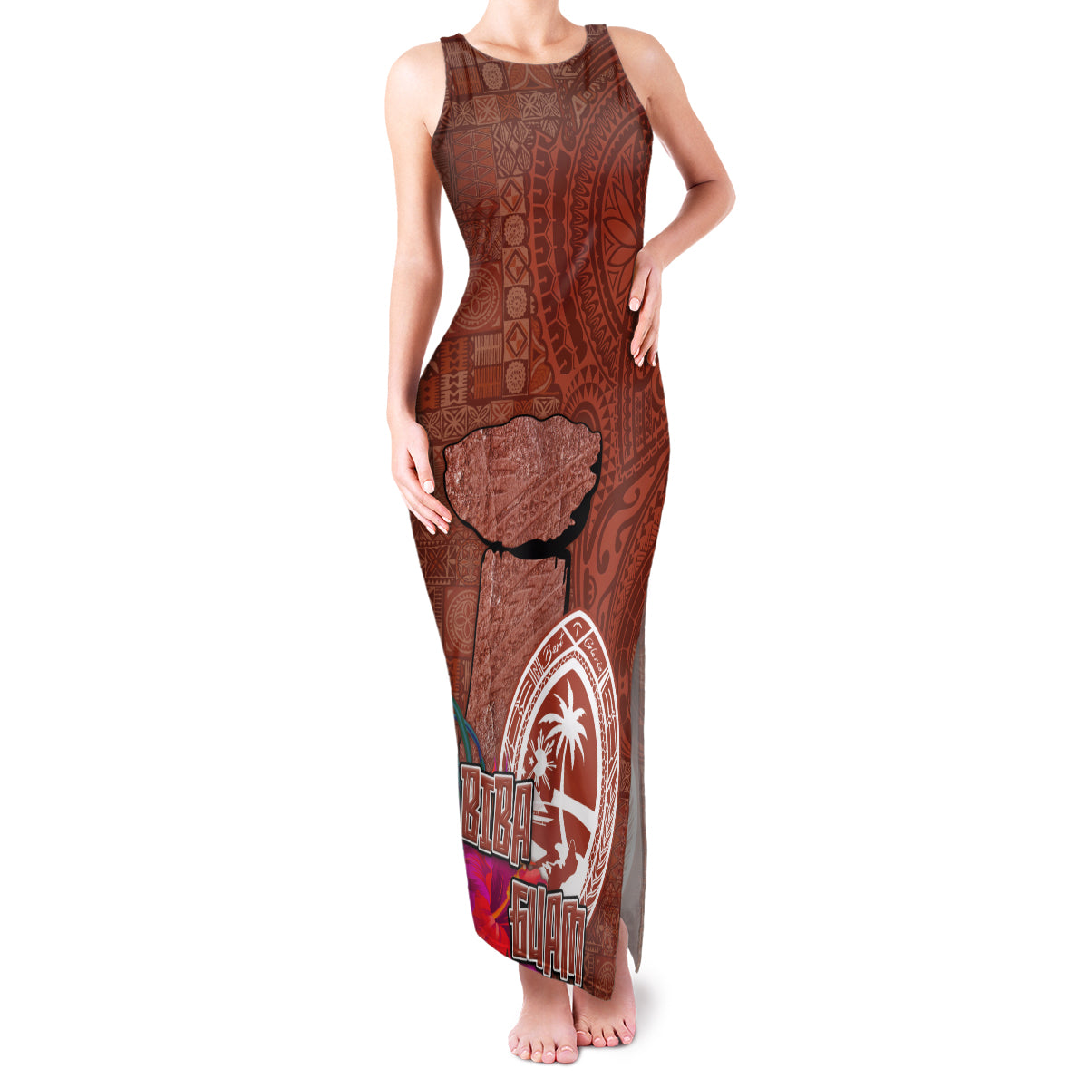 Chamorro Biba Guam Family Matching Tank Maxi Dress and Hawaiian Shirt Latte Stone Tribal and Hibiscus Flower Tapa Pattern