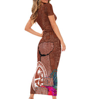 Chamorro Biba Guam Short Sleeve Bodycon Dress Latte Stone Tribal and Hibiscus Flower Tapa Pattern
