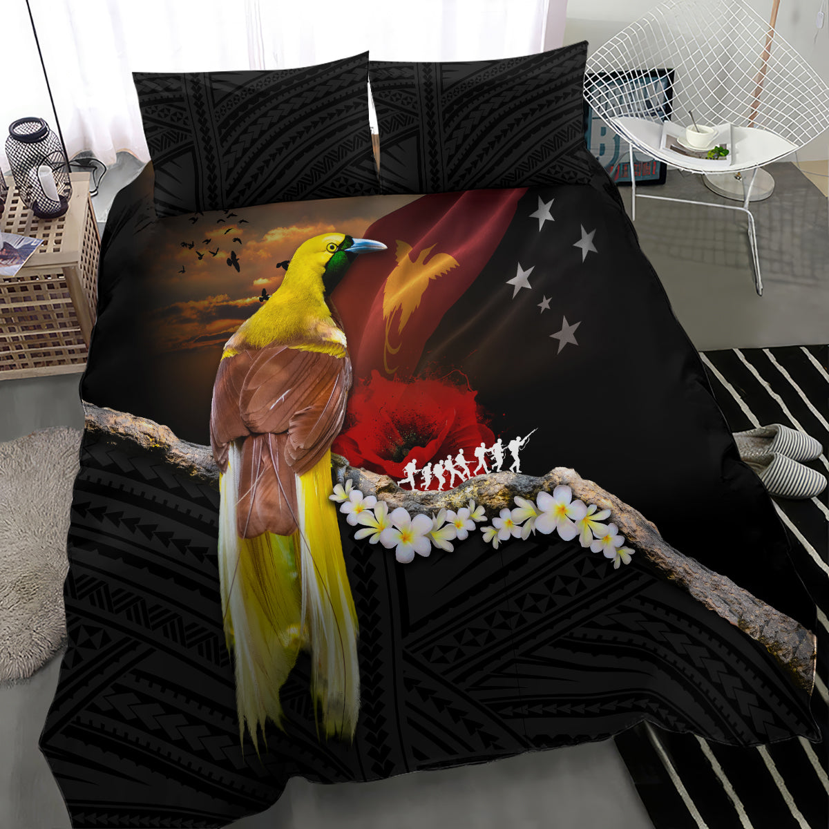 Papua New Guinea Remembrance Day Bedding Set Bird of Paradise Plumeria Flower and Polynesian Pattern