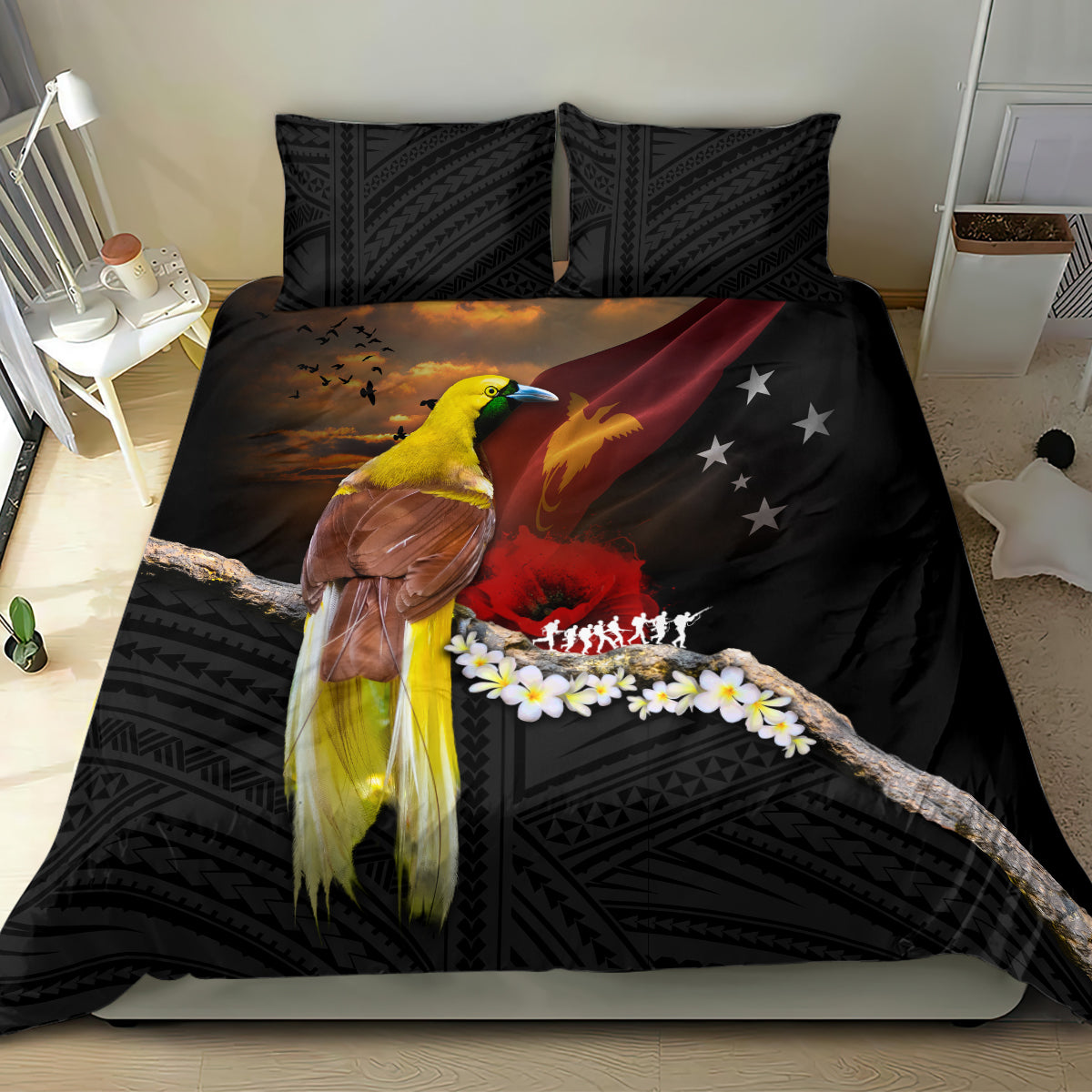 Papua New Guinea Remembrance Day Bedding Set Bird of Paradise Plumeria Flower and Polynesian Pattern