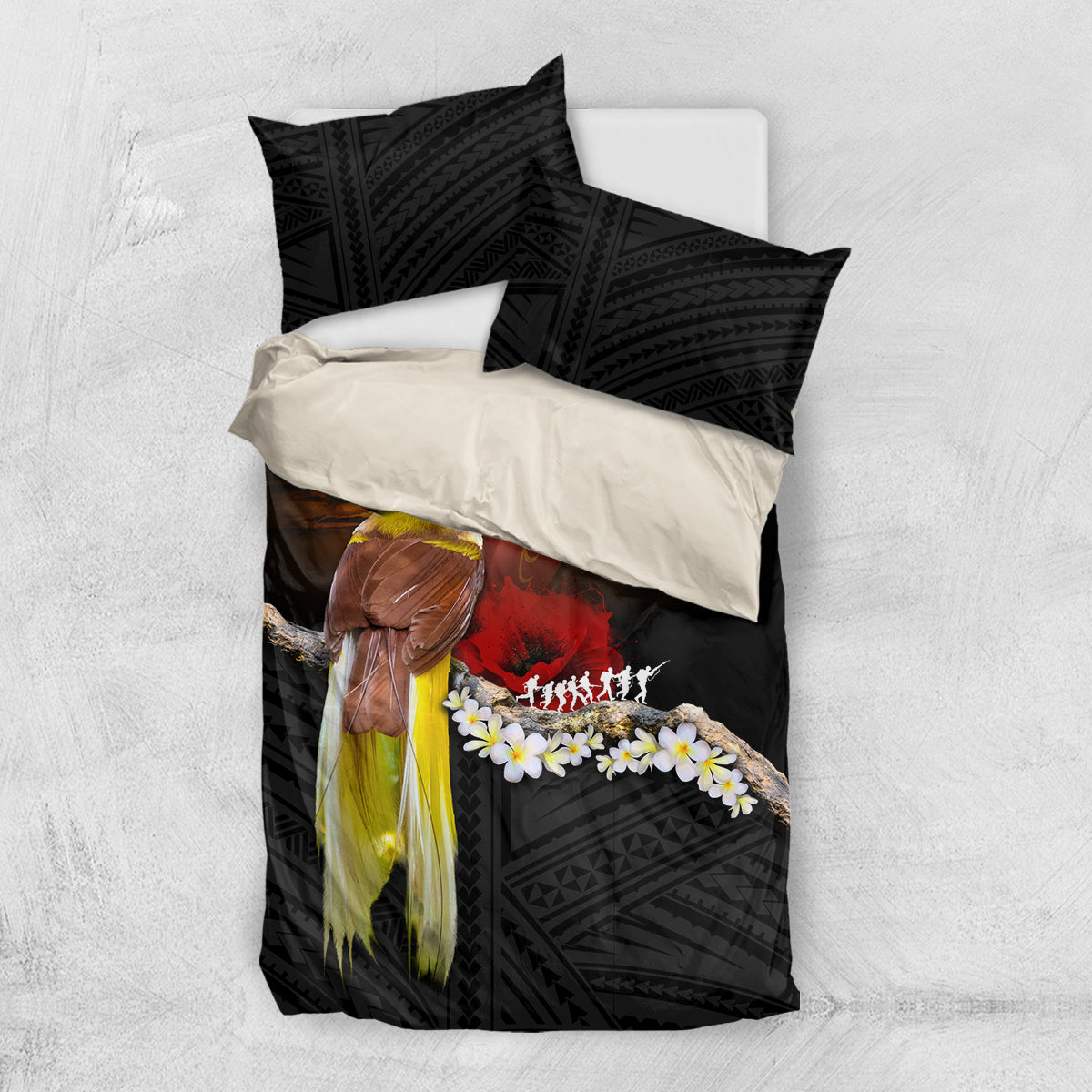 Papua New Guinea Remembrance Day Bedding Set Bird of Paradise Plumeria Flower and Polynesian Pattern