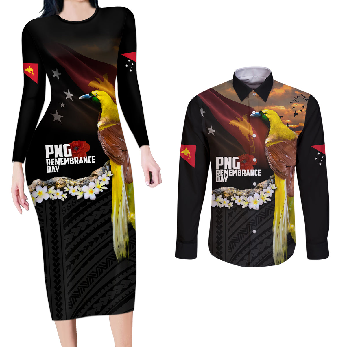 Papua New Guinea Remembrance Day Couples Matching Long Sleeve Bodycon Dress and Long Sleeve Button Shirt Bird of Paradise Plumeria Flower and Polynesian Pattern