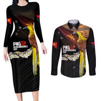 Papua New Guinea Remembrance Day Couples Matching Long Sleeve Bodycon Dress and Long Sleeve Button Shirt Bird of Paradise Plumeria Flower and Polynesian Pattern