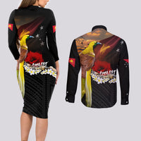 Papua New Guinea Remembrance Day Couples Matching Long Sleeve Bodycon Dress and Long Sleeve Button Shirt Bird of Paradise Plumeria Flower and Polynesian Pattern
